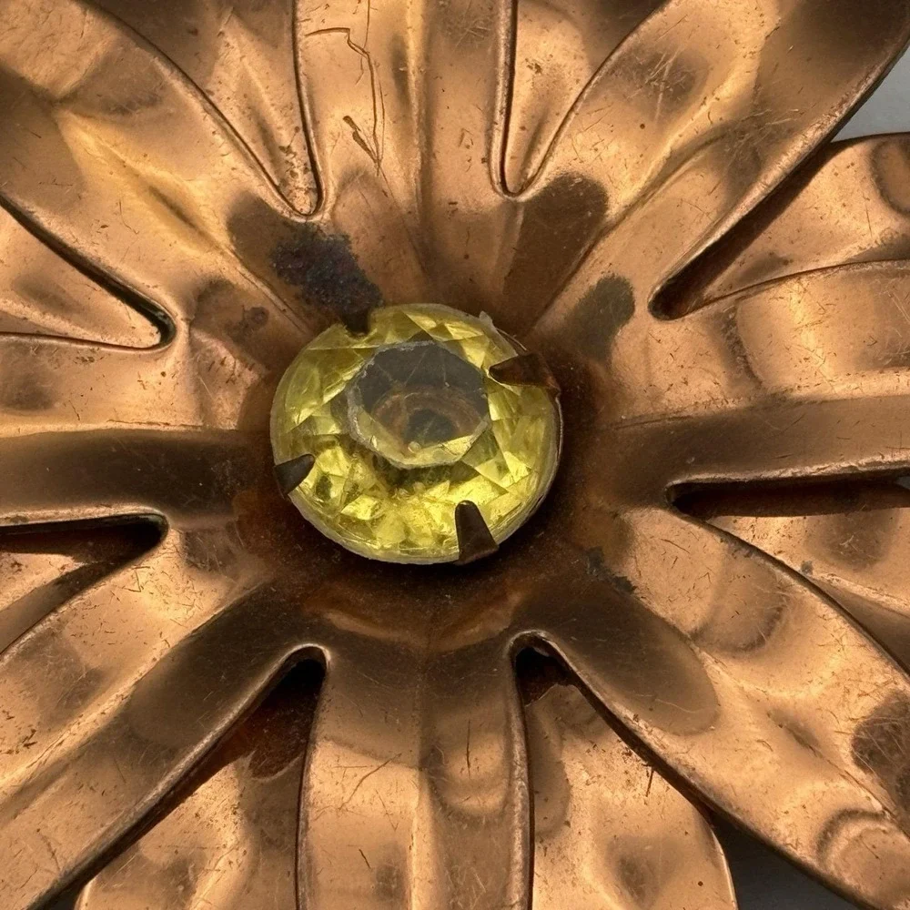 Vintage Copper Flower Brooch Pin Yellow Stone Daisy Dimensional Pop Art